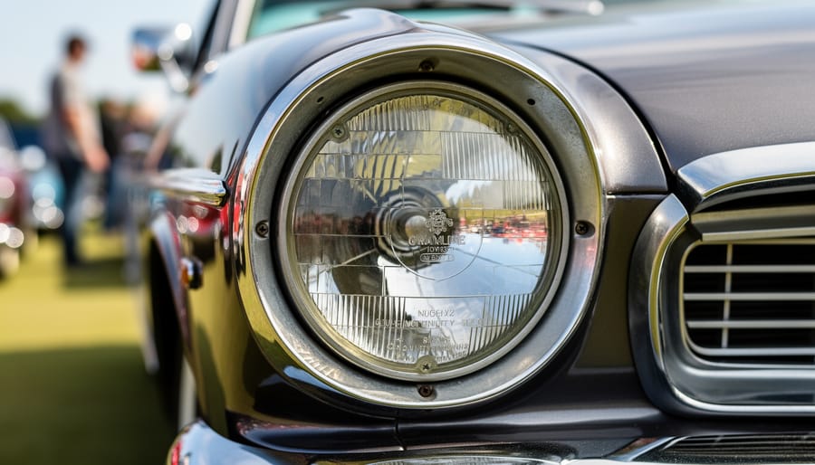 Collector examining vintage car headlight lens and manufacturer markings at car show