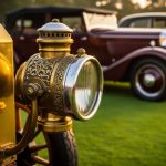 Brass-era acetylene headlamp with nickel-plated reflector and fluted glass on a 1910s touring car in warm golden light, with blurred 1930s streamlined fender and 1940s sealed-beam sedan on a green show lawn in the background