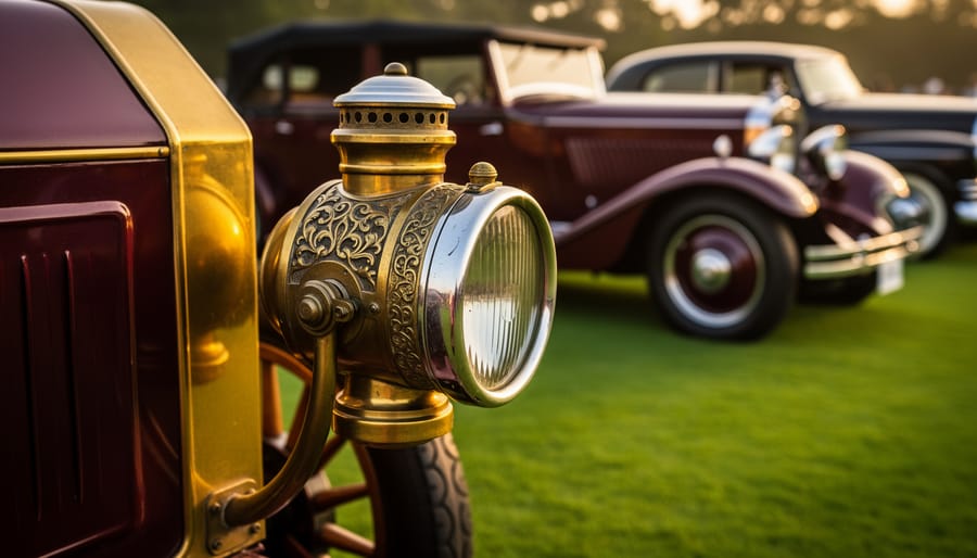 Brass-era acetylene headlamp with nickel-plated reflector and fluted glass on a 1910s touring car in warm golden light, with blurred 1930s streamlined fender and 1940s sealed-beam sedan on a green show lawn in the background