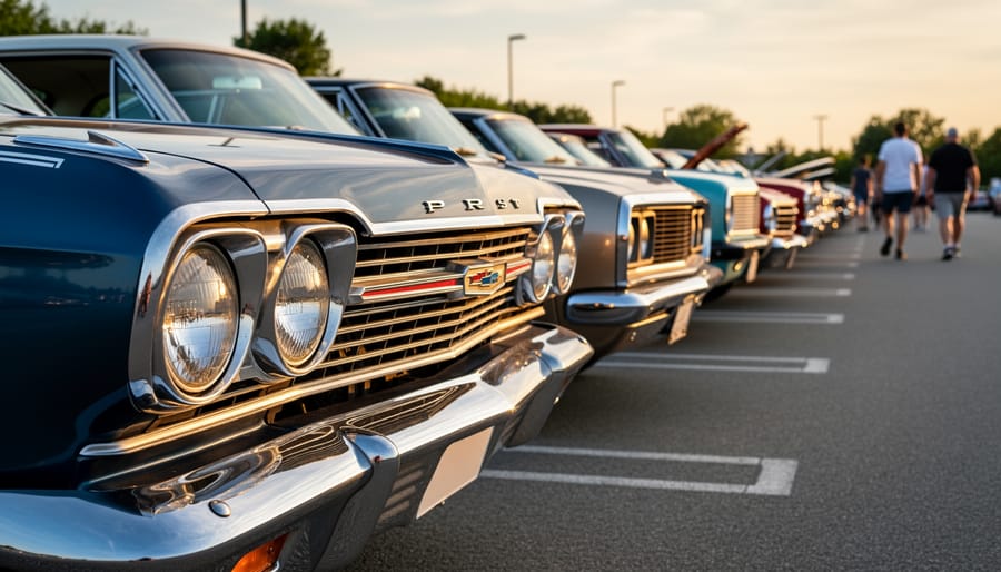 Row of vintage cars at outdoor car show displaying various headlight styles from different eras