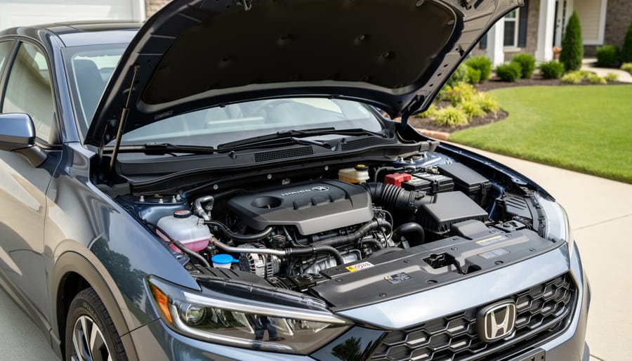 Engine bay of a modernized vintage car with clean modern cooling and electrical components