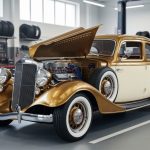 Classic cream-and-brass vintage car in a modern auto workshop with its hood open, showing an upgraded engine bay and contemporary electrical and brake components.
