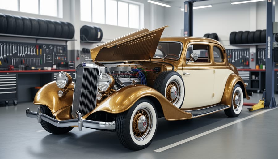 Classic cream-and-brass vintage car in a modern auto workshop with its hood open, showing an upgraded engine bay and contemporary electrical and brake components.