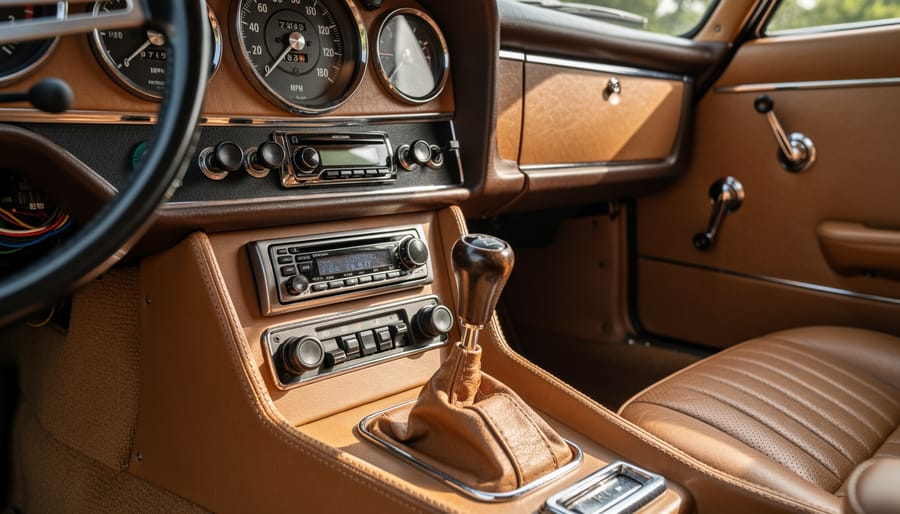 Close-up of a vintage car dashboard and steering area with neatly integrated modern controls and wiring