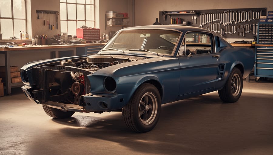 A 1967 Ford Mustang fastback in a restoration garage with the hood and fender removed, showing the engine bay and nearby tools and parts.