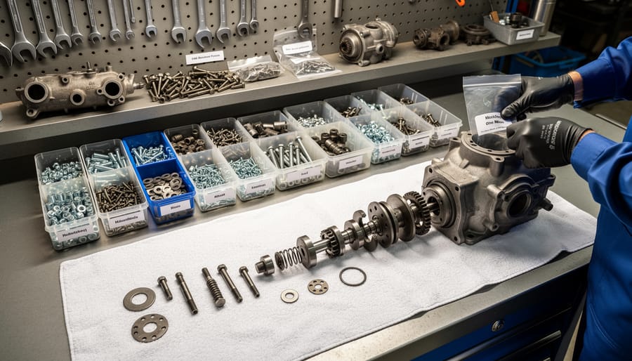 Hands sorting classic car restoration fasteners into clear bags on an organized workbench