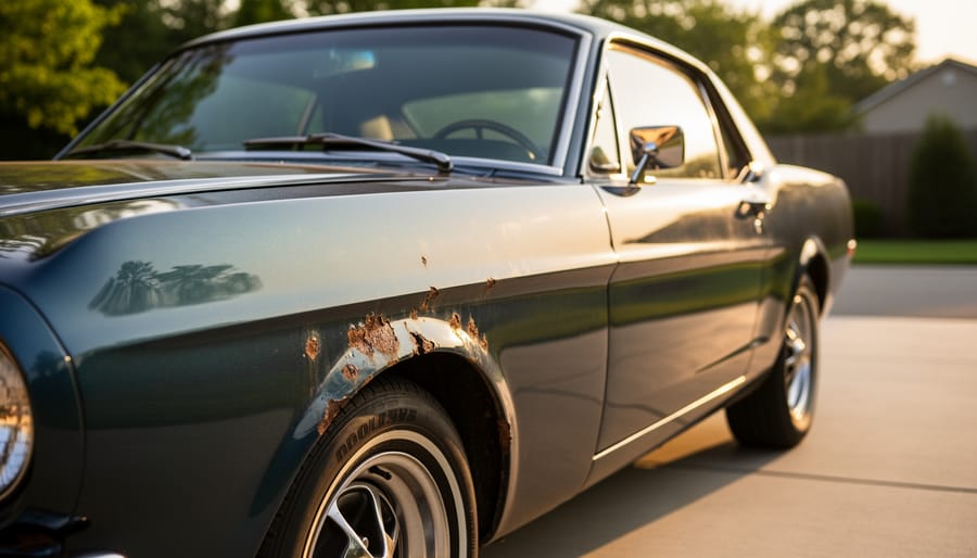 Close view of a classic car fender showing surface rust and paint condition during inspection