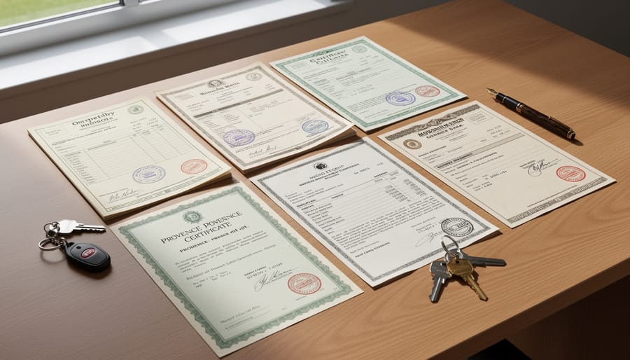 Open portfolio with vintage documents on a workbench next to a classic car dashboard