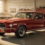 Deep red classic Mustang fastback photographed in a sunlit vintage garage, shown from a three-quarter front view with other classic cars blurred in the background.