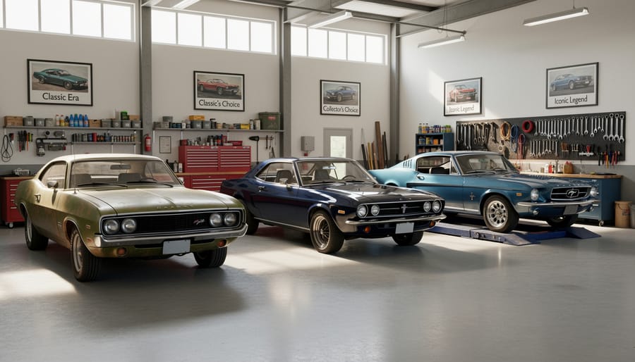 Two classic cars parked side-by-side in a garage with visible chrome and paint details