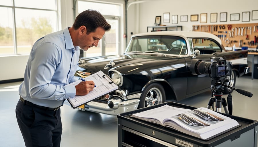 Hands holding an appraisal folder while a classic car sits blurred in the background for documentation context.