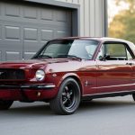 A restored 1960s classic car parked in front of a secure closed garage door, emphasizing collector care and classic insurance protection.