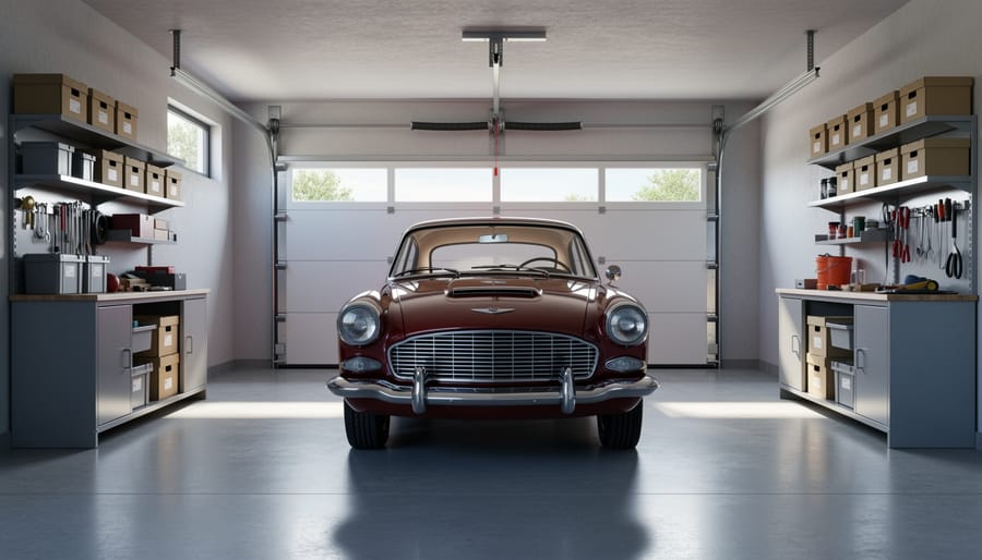 Classic muscle car parked in a secure enclosed garage with soft daylight and a tidy, locked storage setting.